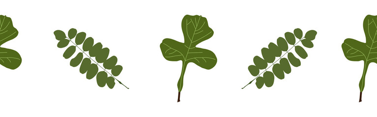 Leaves border on a white background. Hand-drawn illustration. Perfect for spring and summer.