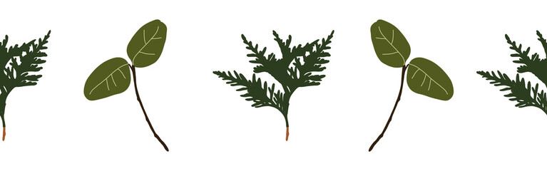 Leaves border on a white background. Hand-drawn illustration. Perfect for spring and summer.