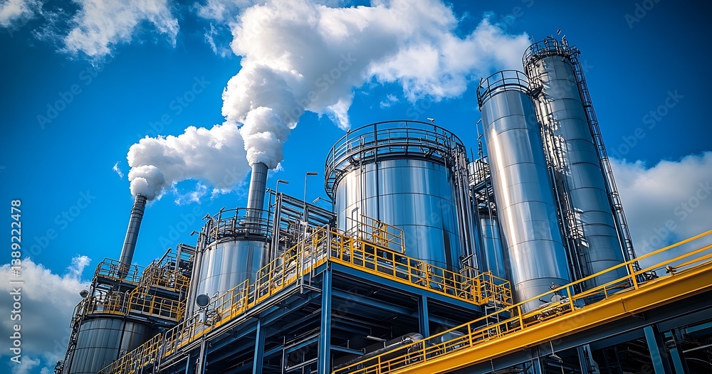 Poster stunning view of a modern industrial facility with multiple smokestacks releasing vapor into the atm