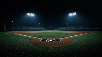 Hauntingly Serene Nighttime Baseball Diamond with Abandoned Stands