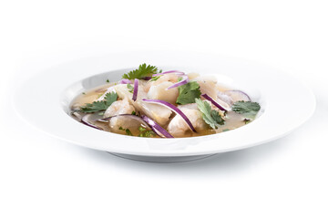 Traditional Peruvian ceviche sea bass fillet isolated on white background.