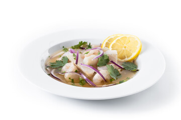 Traditional Peruvian ceviche sea bass fillet isolated on white background.