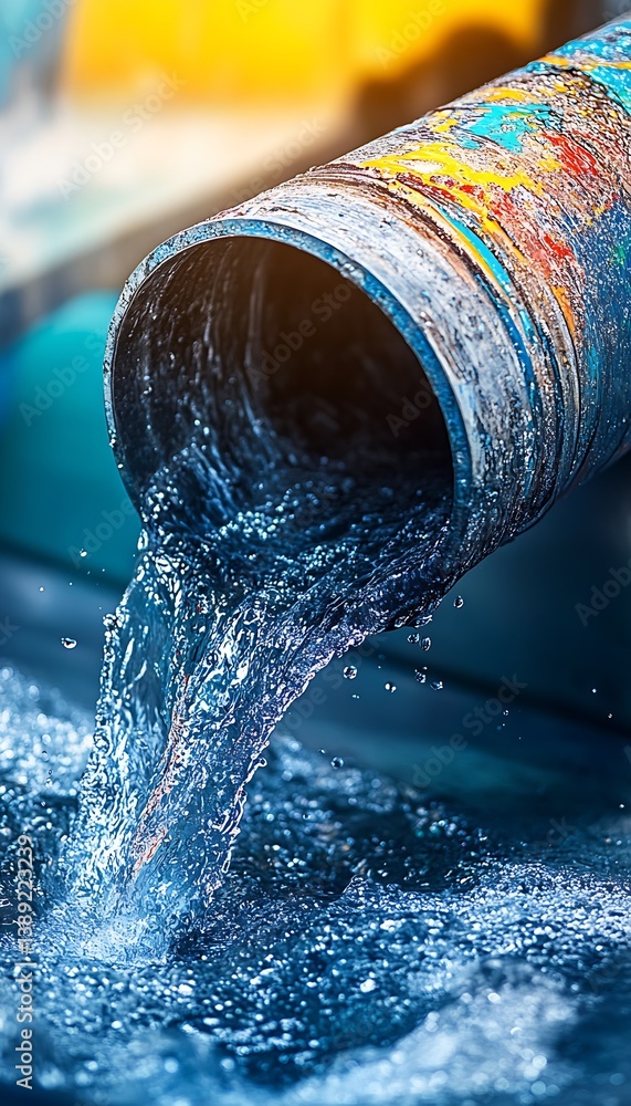 Poster dynamic shot of water gushing from a vibrant rusted pipe into a sparkling body of water : generative