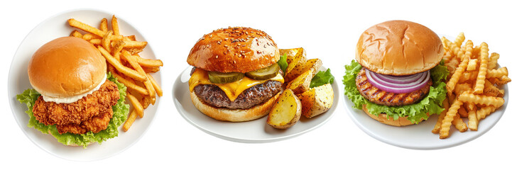 Three burger variations crispy chicken, beef cheeseburger, and grilled turkey burger.