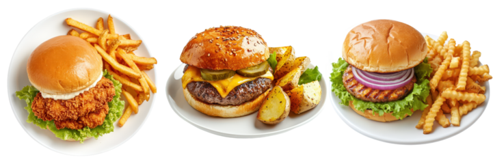 Three burger variations crispy chicken, beef cheeseburger, and grilled turkey burger.