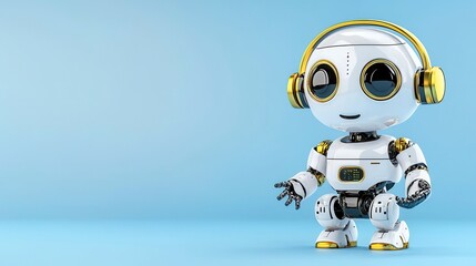 Fototapeta premium Cute humanoid robot with headphones on blue background
