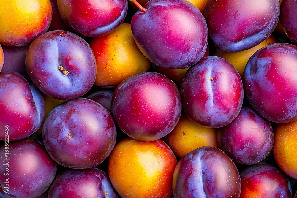 Aufkleber Captivating overhead view of ripe plums in a mix of colors creating a beautiful fruit display on a dark surface : Generative AI