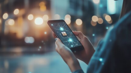 A person uses a smartphone with technological interface displayed