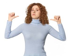 Young Caucasian redhead woman feels proud and self confident, example to follow.