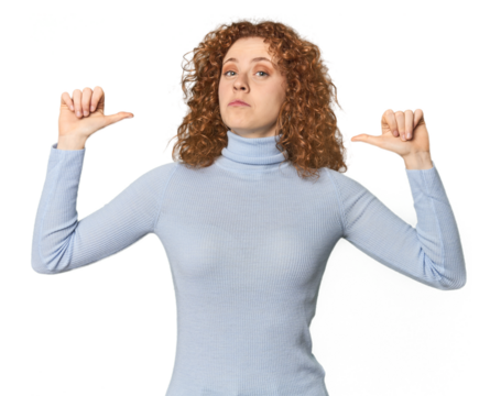 Young Caucasian redhead woman feels proud and self confident, example to follow.