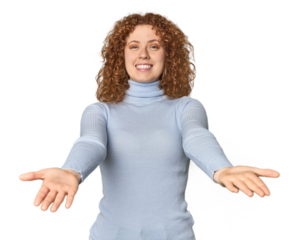 Young Caucasian redhead woman showing a welcome expression.