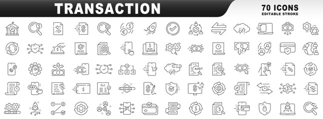 Big set of transaction related line icons. Editable stroke