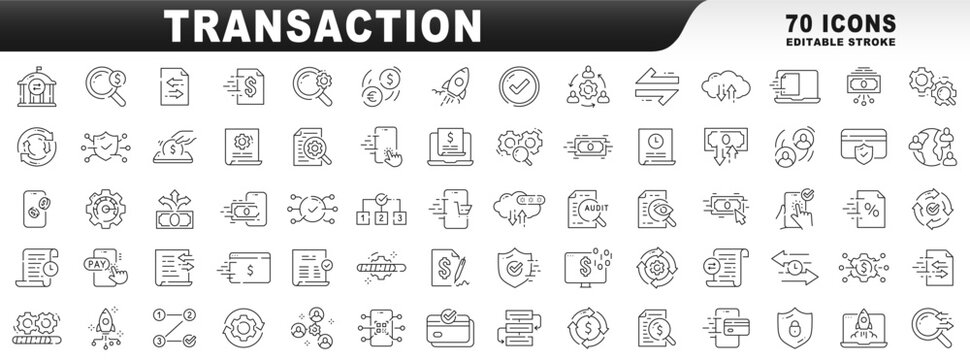 Big set of transaction related line icons. Editable stroke