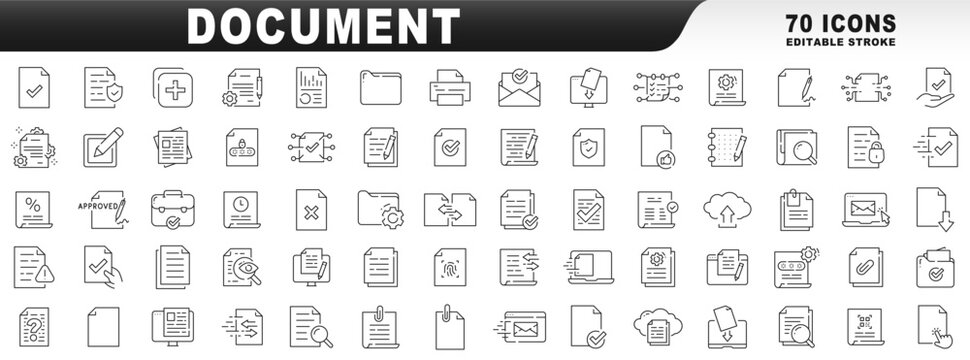 Big set of document related line icons. Editable stroke