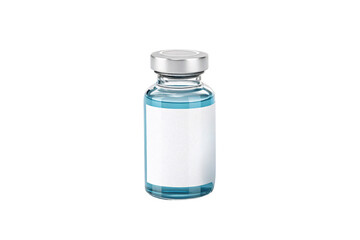 Clear medical vial filled with blue liquid, sealed with a silver cap and blank label, isolated on a transparent background