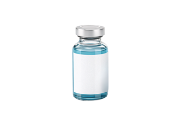 Clear medical vial filled with blue liquid, sealed with a silver cap and blank label, isolated on a transparent background