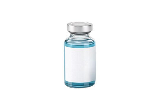 Clear medical vial filled with blue liquid, sealed with a silver cap and blank label, isolated on a transparent background