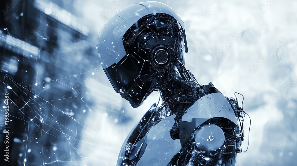 Aufkleber close up shot of a futuristic robot with visible internal mechanisms and digital network overlay