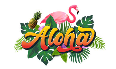 Aloha text, emblem and logo isolated on white. Hand drawn Aloha Hawaiian word for hawaii shirt print or sign. Lettering for tropical or summer party invitation, flyer and poster design.