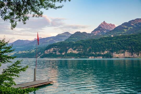 Scenic view of Muertschenstock mountain and Lake Walensee in Switzerland