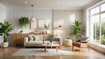 Elegant Minimalist Interior Design with Natural Light and Copy Space for Text, Showcasing Modern Furniture and Decor Elements in a Serene Ambiance
