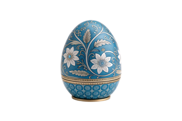 Easter blue egg adorned with white flowers, golden vines, and patterned lower half with gold trim, isolated on a transparent background