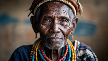 Detailed Photorealistic Image of a Tribal Elder with Weathered Face, Colorful Jewelry, and Wrinkled Skin, Capturing Wisdom and Cultural Heritage in an Ethnographic Style