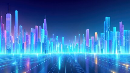 A vibrant, futuristic cityscape with glowing skyscrapers, reflecting lights, and a digital ambiance in a twilight setting.