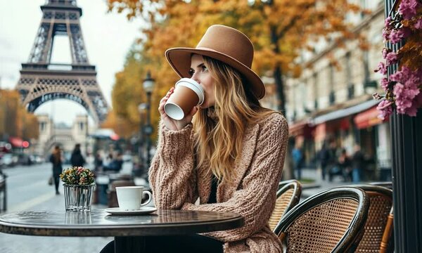 Woman enjoying coffee at a Parisian caf? with the Eiffel Tower in the background