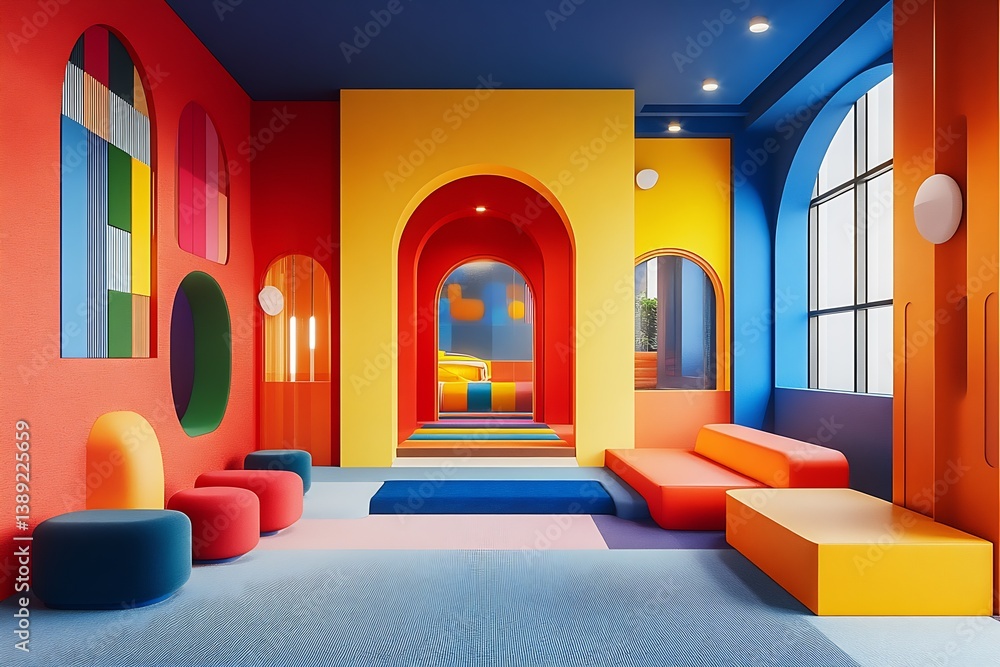 Poster vibrant colorful lounge interior with playful design and artistic features : generative ai