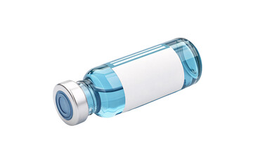 Glass vial tipped on side, showcasing light-blue solution inside, label and silver cap visible, isolated on a transparent background