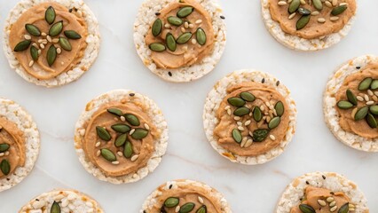 A visually appealing arrangement of rice cakes topped with nut butter and seeds, showcasing a healthy snack option.