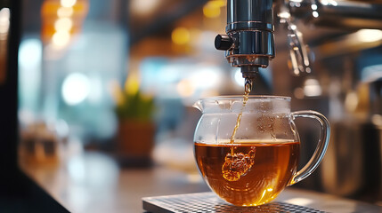 A robotic arm brewing tea, in a modern teahouse with a sleek, automated brewing system