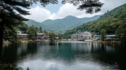 Fototapeta premium Serene lake nestled in mountains