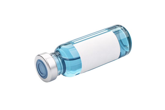 Glass vial tipped on side, showcasing light-blue solution inside, label and silver cap visible, isolated on a transparent background