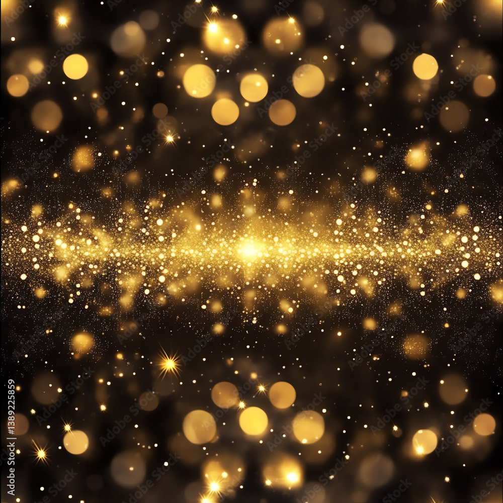 Poster an abstract background featuring golden bokeh lights creating a magical, sparkling effect on a dark 