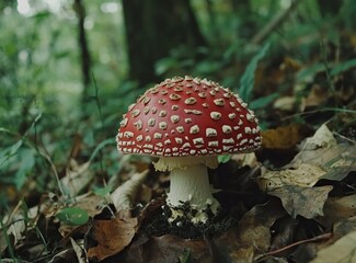 Photograph of an Amanita muscaria mushroom in a forest, with a red cap featuring white dots, set against a green background. The image is a close-up shot, with a blurred foreground and the forest
