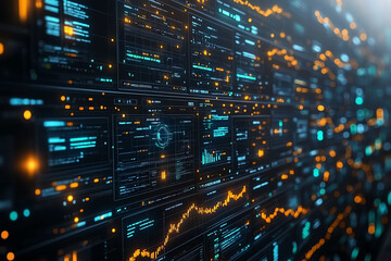 An abstract digital interface filled with graphs, charts, and data streams, showcasing advanced technology and data analysis.