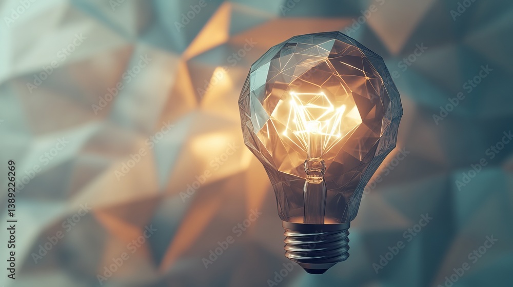 Poster illuminated geometric light bulb against a polygonal background creating an abstract design