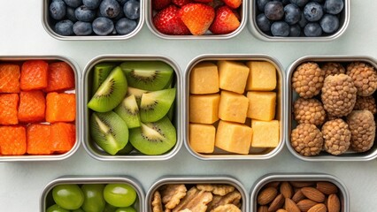 Naklejka premium A colorful assortment of fresh fruits and snacks arranged in square containers, showcasing vibrant colors and healthy options for a nutritious diet.
