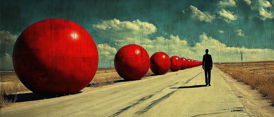 Solitary journey lined with large red spheres