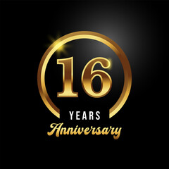 16 years anniversary celebration. Anniversary logo with ring and elegance golden color isolated on black background, Vector Design for Greeting Card and Invitation Card