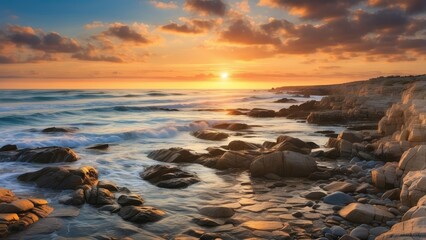 first light of day, breaking, Atlantic coastline, sky, vibrant colors, reflecting, ocean's surface, breathtaking, landscape.
