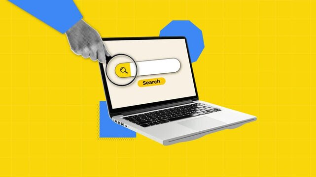 Keyword Search on Laptop Banner Collage with yellow background