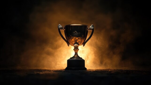 Trophy cup with a victory design, glowing against dark bokeh background, perfect for celebration moments. Empty space for text to customize your achievement