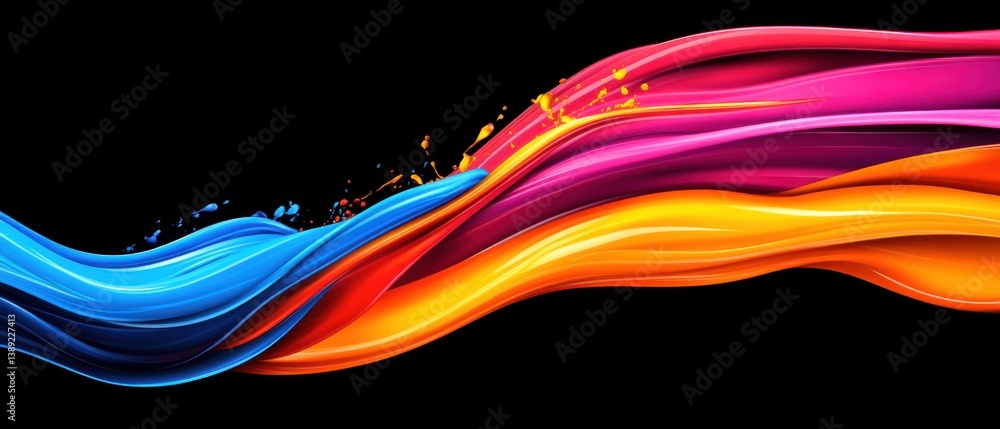 Poster abstract colorful fluid wave with splash on black background dynamic vibrant paint flow for modern d