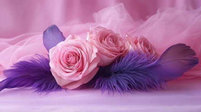 Pink roses and purple feathers with a purple-toned aesthetic, perfect for creating a romantic and elegant mobile phone wallpaper. Includes space for personalized text