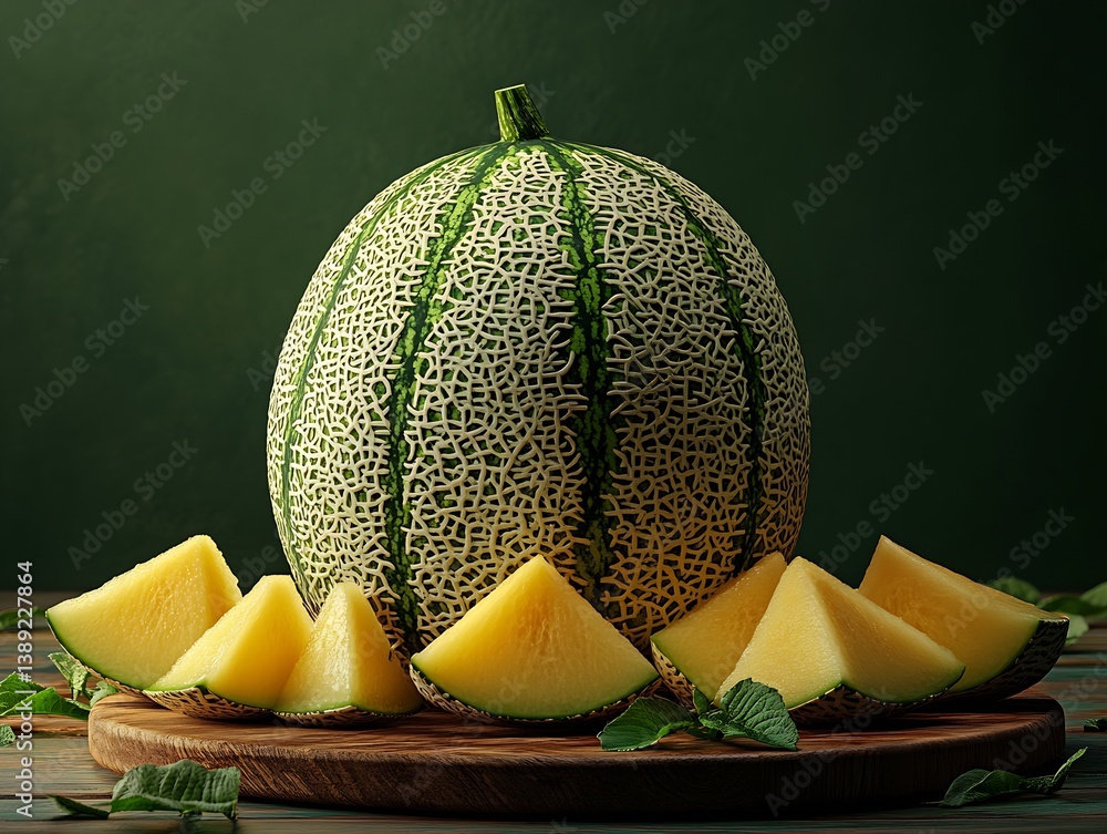 Poster fresh cantaloupe cut into slices arranged around whole melon on wooden board : generative ai
