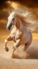 Majestic horses gallop through desert dust, embodying freedom and untamed spirit in golden light.
