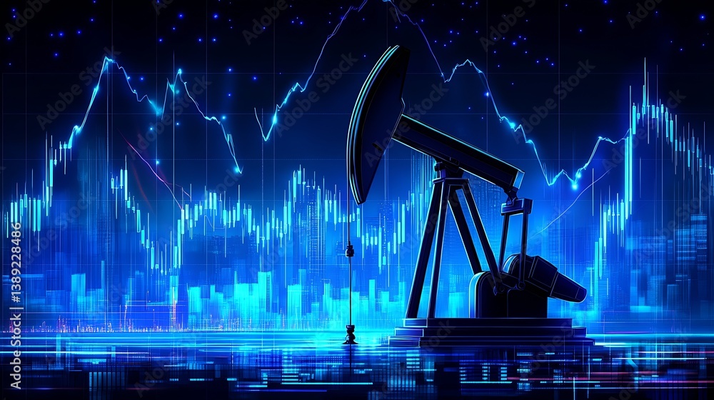 Aufkleber Stylized visual of an oil pump jack surrounded by abstract data graphics representing market movement : Generative AI